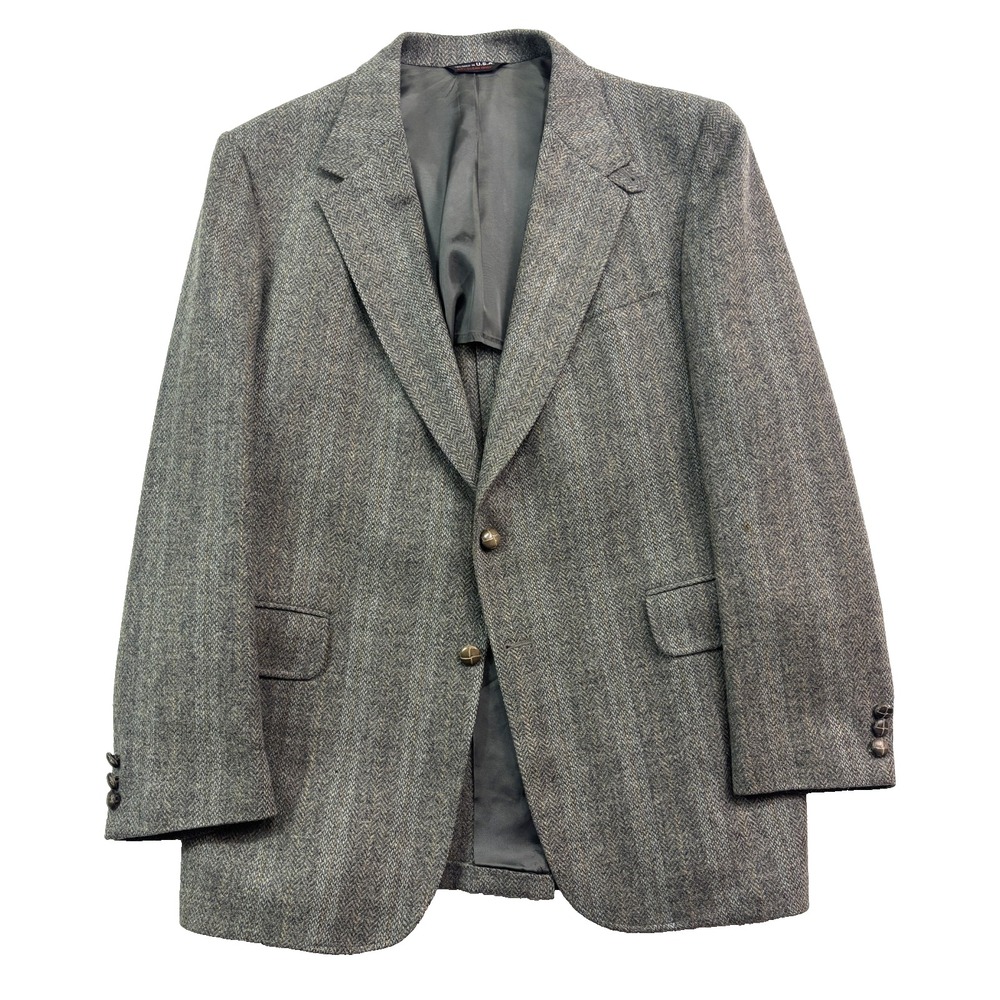 vtg Herringbone Tweed 44L Gray Riding Jacket‎ Blazer Sport Coat USA Wool Mens